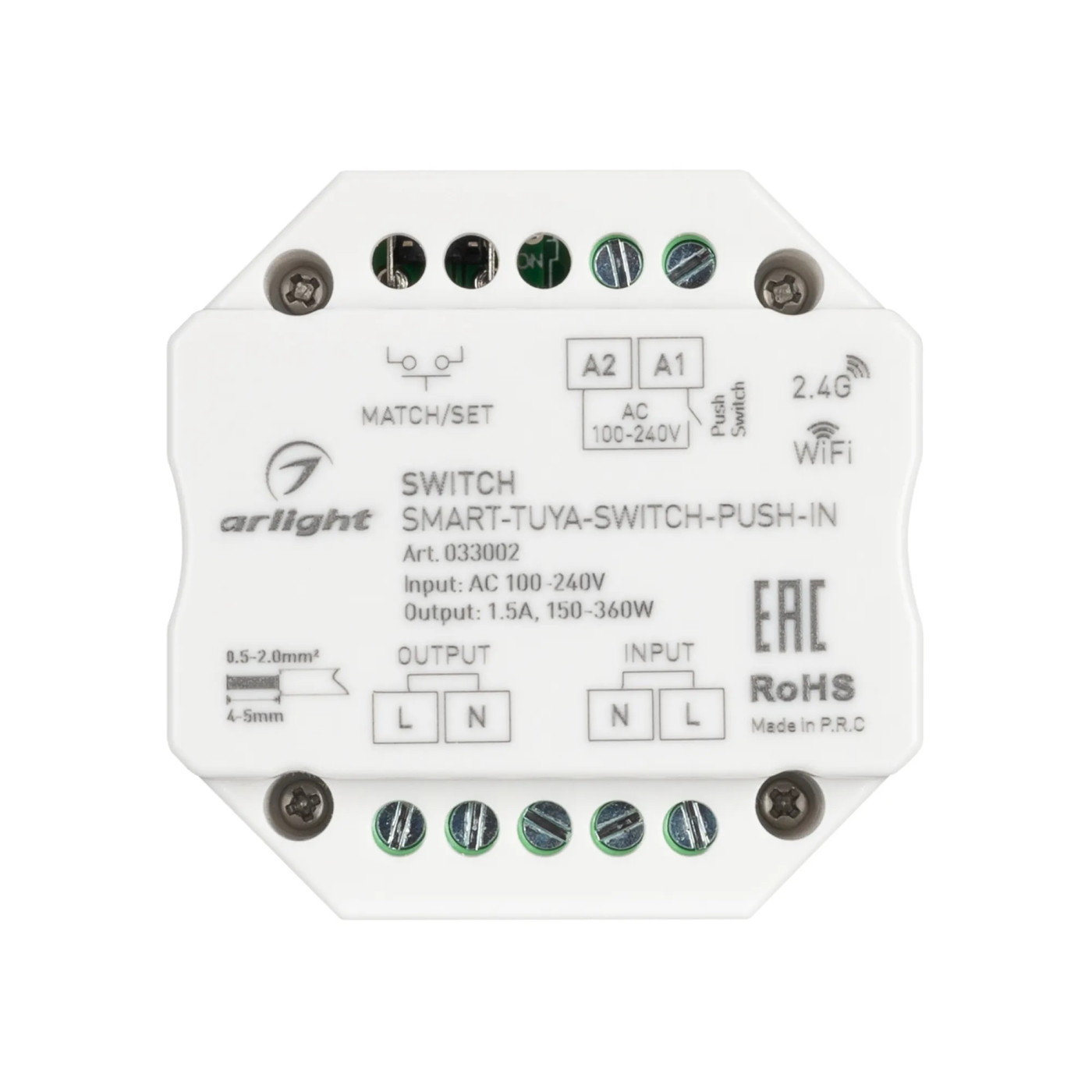 Изображение товара Контроллер-выключатель SMART-TUYA-SWITCH-PUSH-IN (230V, 1.5A, WiFi, 2.4G) (Arlight, IP20 Пластик, 5 лет) 033002