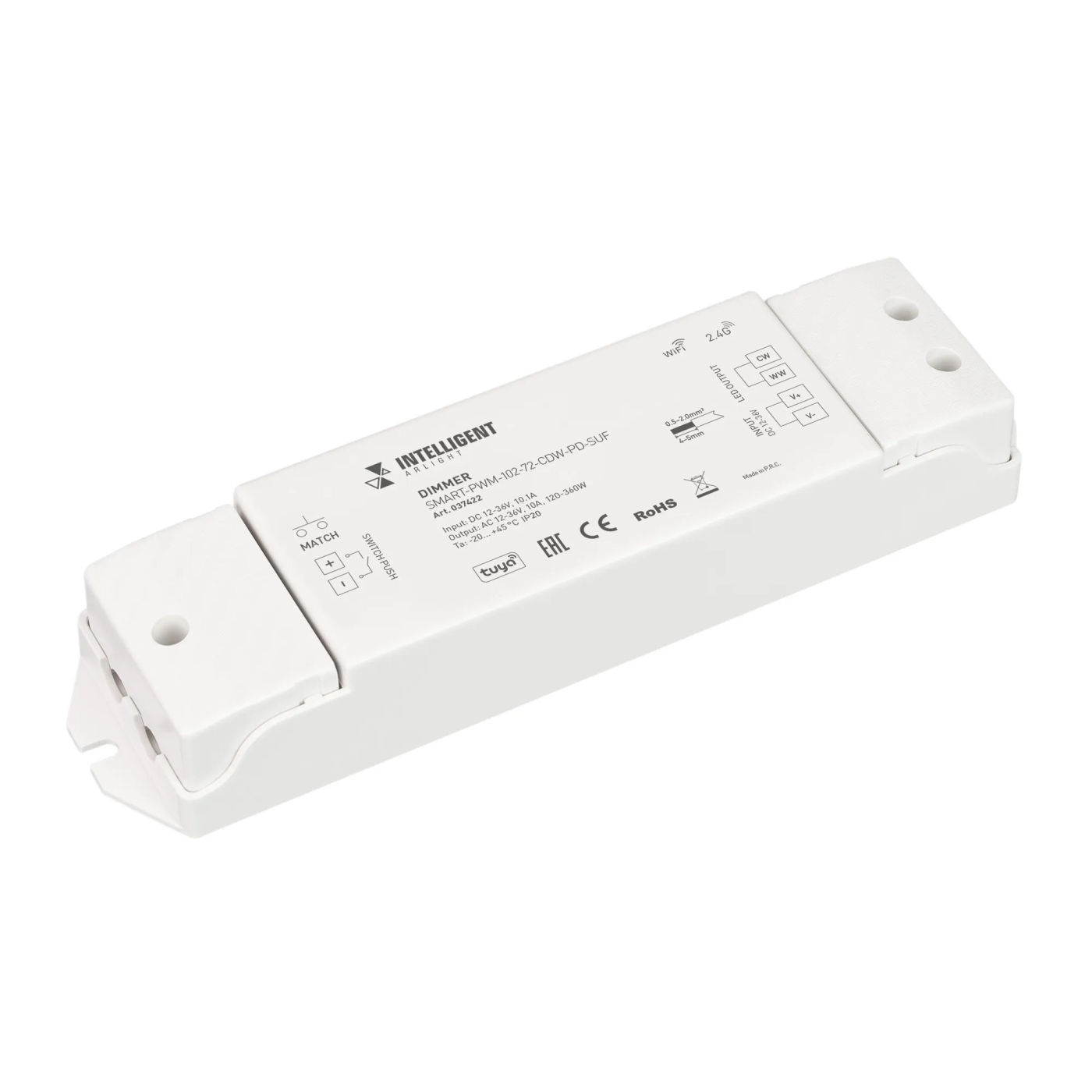 Изображение товара INTELLIGENT ARLIGHT Диммер SMART-PWM-102-72-CDW-PD-SUF (12-36V, 2x5A, TUYA Wi-Fi, 2.4G) (IARL, IP20 Пластик, 5 лет) 037422