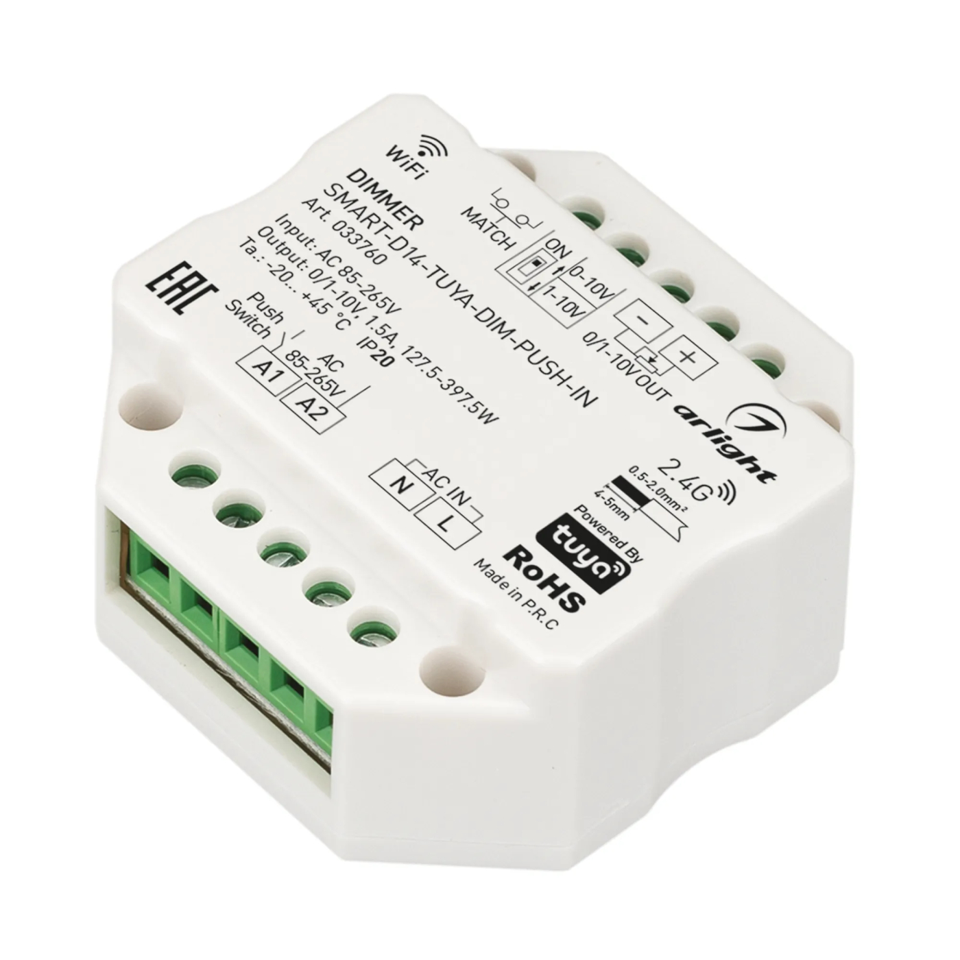 Изображение товара Диммер SMART-D14-TUYA-DIM-PUSH-IN (230V, 1.5A, 0/1-10V, 2.4G) (Arlight, IP20 Пластик, 5 лет) 033760