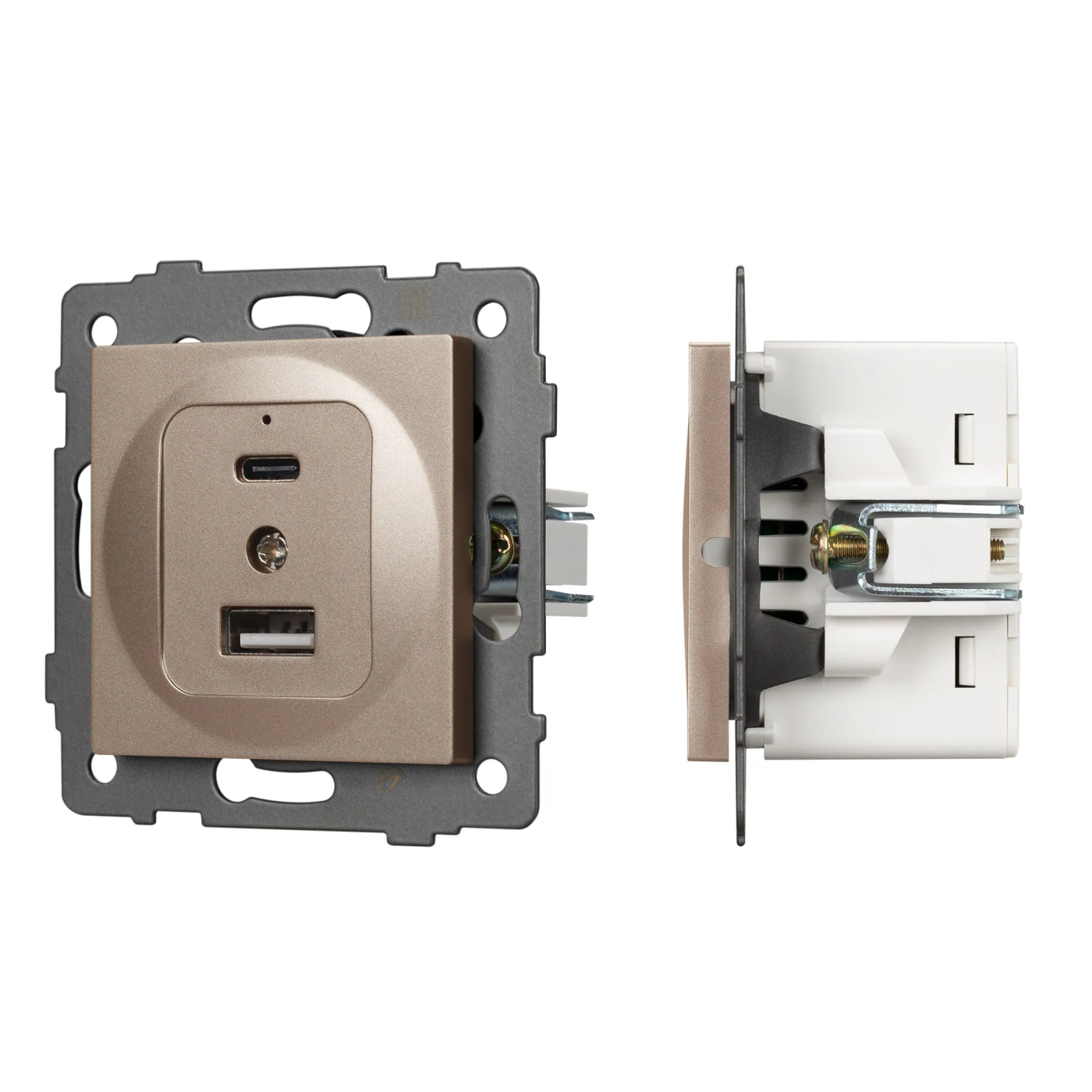 Изображение товара Розетка с USB зарядкой, 2 USB Type A+C, золото светлое, SCT-MUAC-PL-GD-V (5V, 3A, QC4) (Arlight, -) VERSA, GLARE, PRESTO 049841