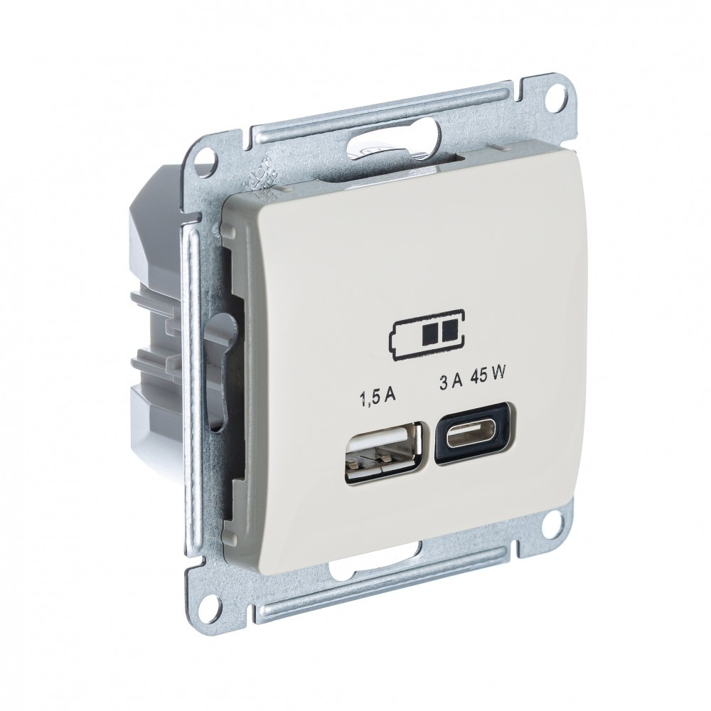 Изображение товара USB Розетка A + тип-C 45W Schneider Electric Glossa высокоскоростная зарядка QC, PD, механизм, МОЛОЧНЫЙ