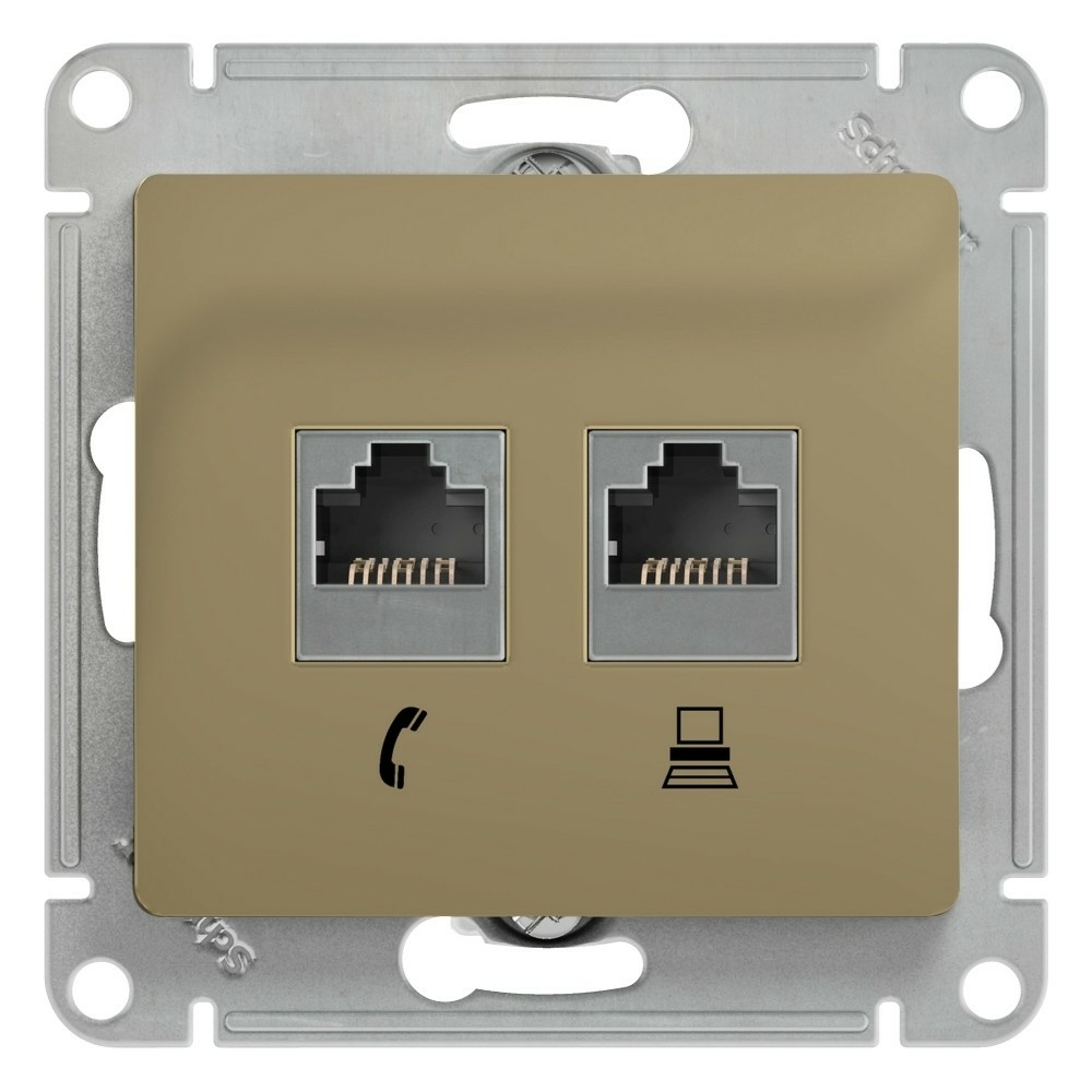 Изображение товара Розетка телефонная RJ11 + компьютерная RJ45, двойная, RJ45 кат.5E, титан Schneider Electric Glossa GSL000485