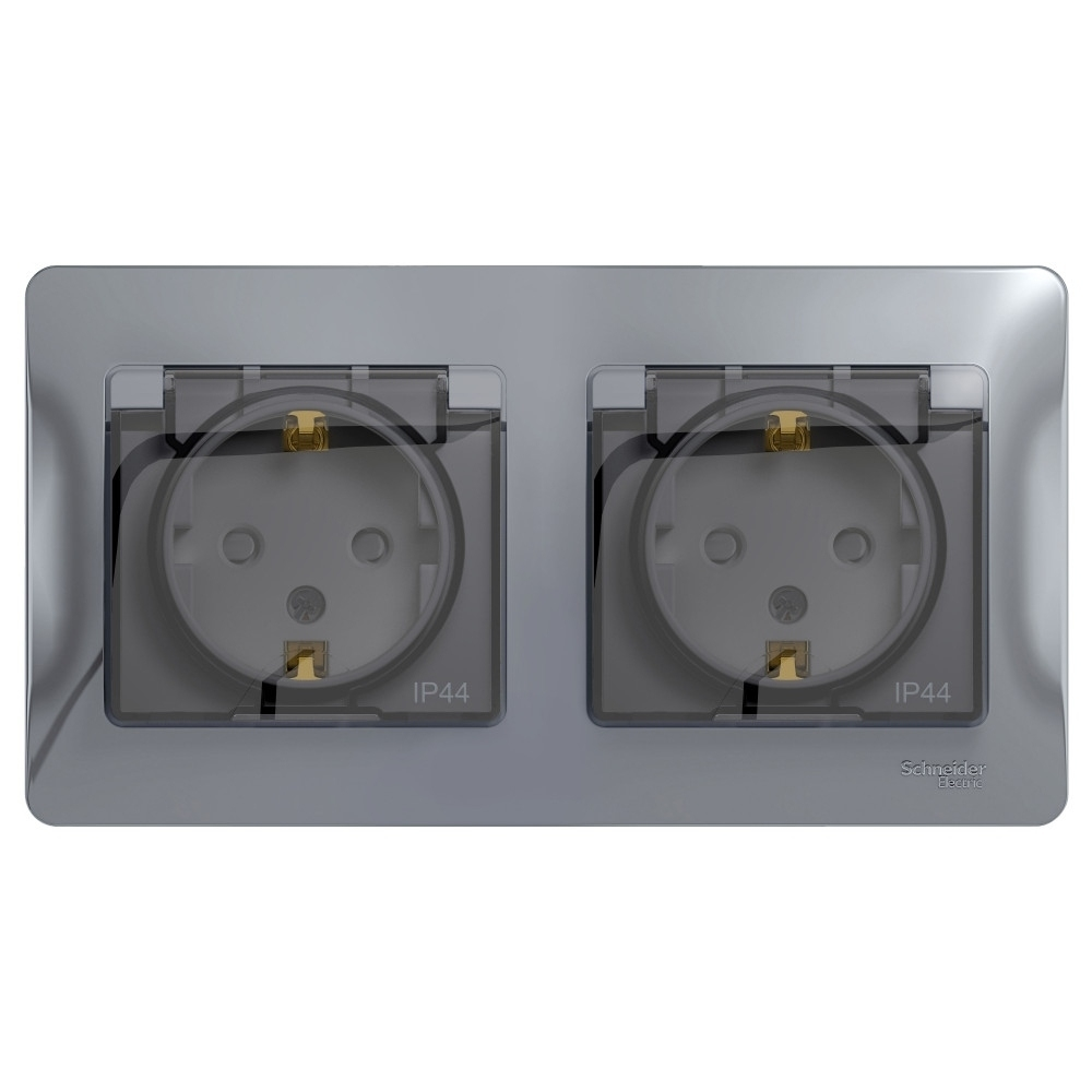 Изображение товара Розетка двойная с заземлением со шторками IP44 Schneider Electric Glossa, алюминий GSL000347