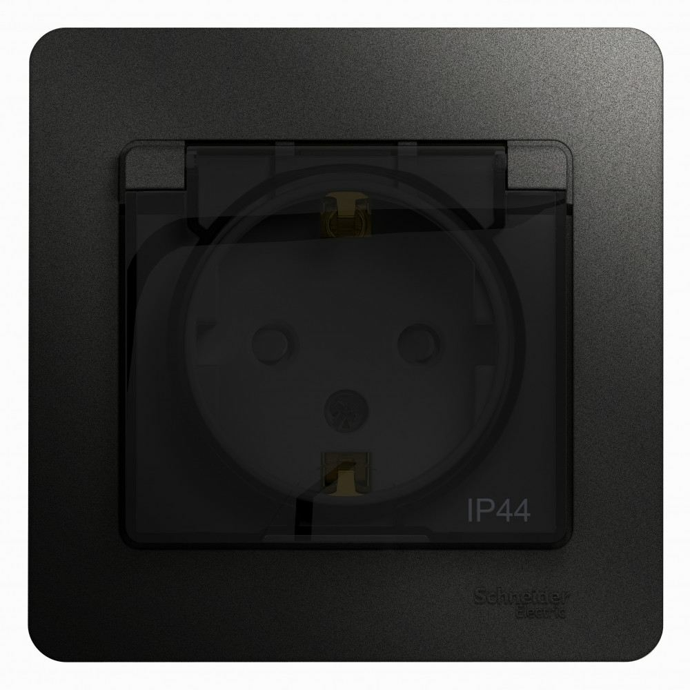 Изображение товара Розетка с заземлением со шторками с крышкой 16А IP44 Schneider Electric Glossa, антрацит GSL000748