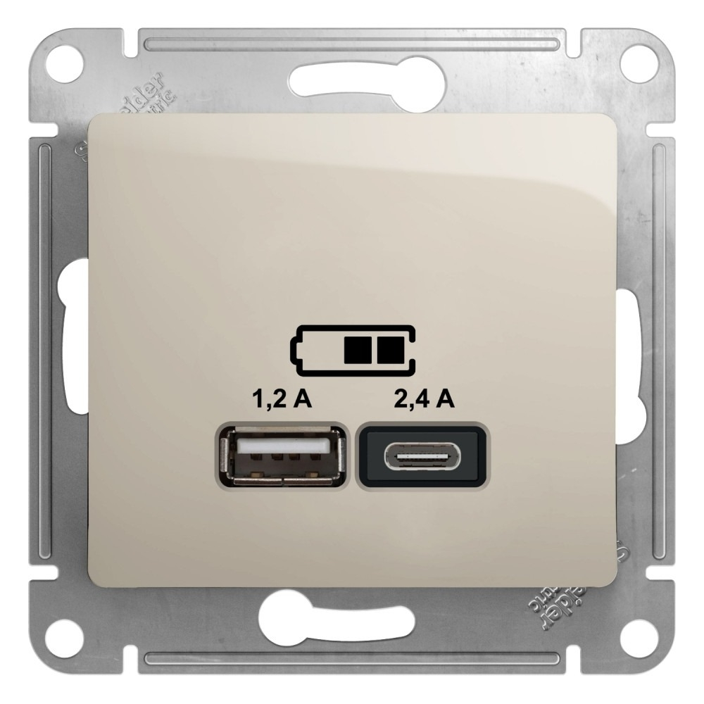 Изображение товара Розетка USB A+С 5В/2,4 А 2х5В/1,2А механизм Schneider Electric Glossa, молочный GSL000939