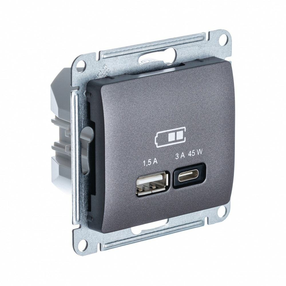 Изображение товара USB Розетка A + тип-C 45W Schneider Electric Glossa высокоскоростная зарядка QC, PD, механизм, ГРАФИТ