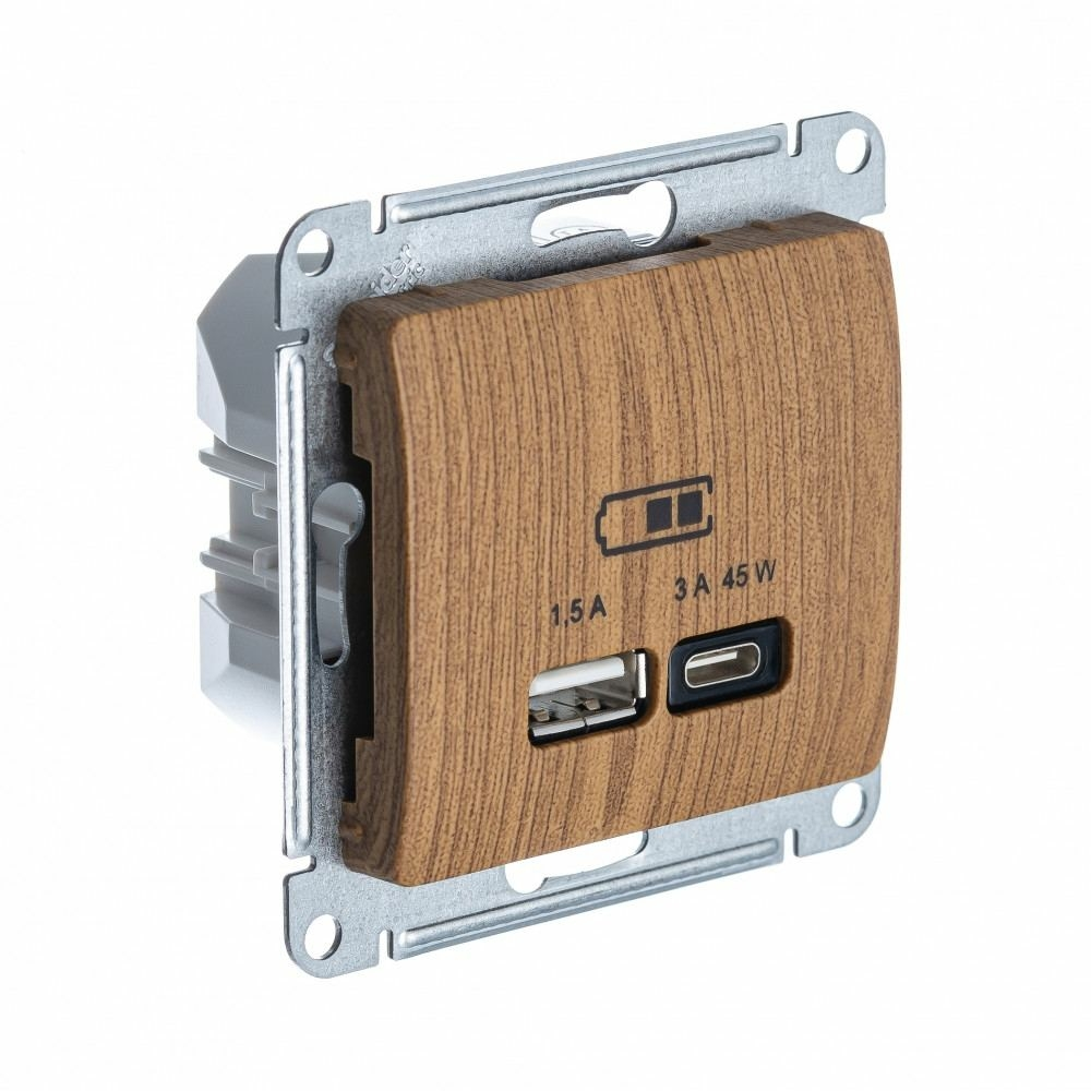 Изображение товара USB Розетка A + тип-C 45W Schneider Electric Glossa высокоскоростная зарядка QC, PD, механизм, ДЕРЕВО ДУБ