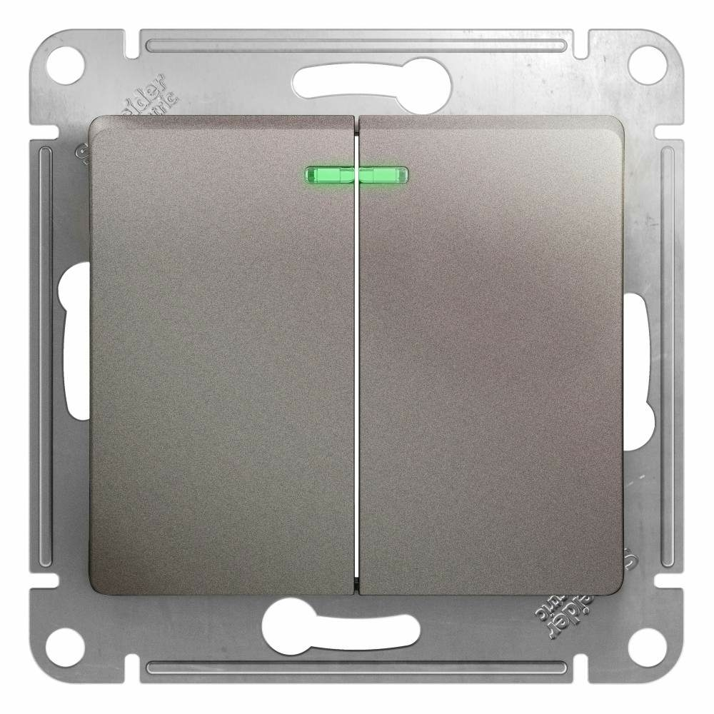 Изображение товара Выключатель 2-клавишный с подсветкой схема 5а 10AX Schneider Electric Glossa, платина GSL001253