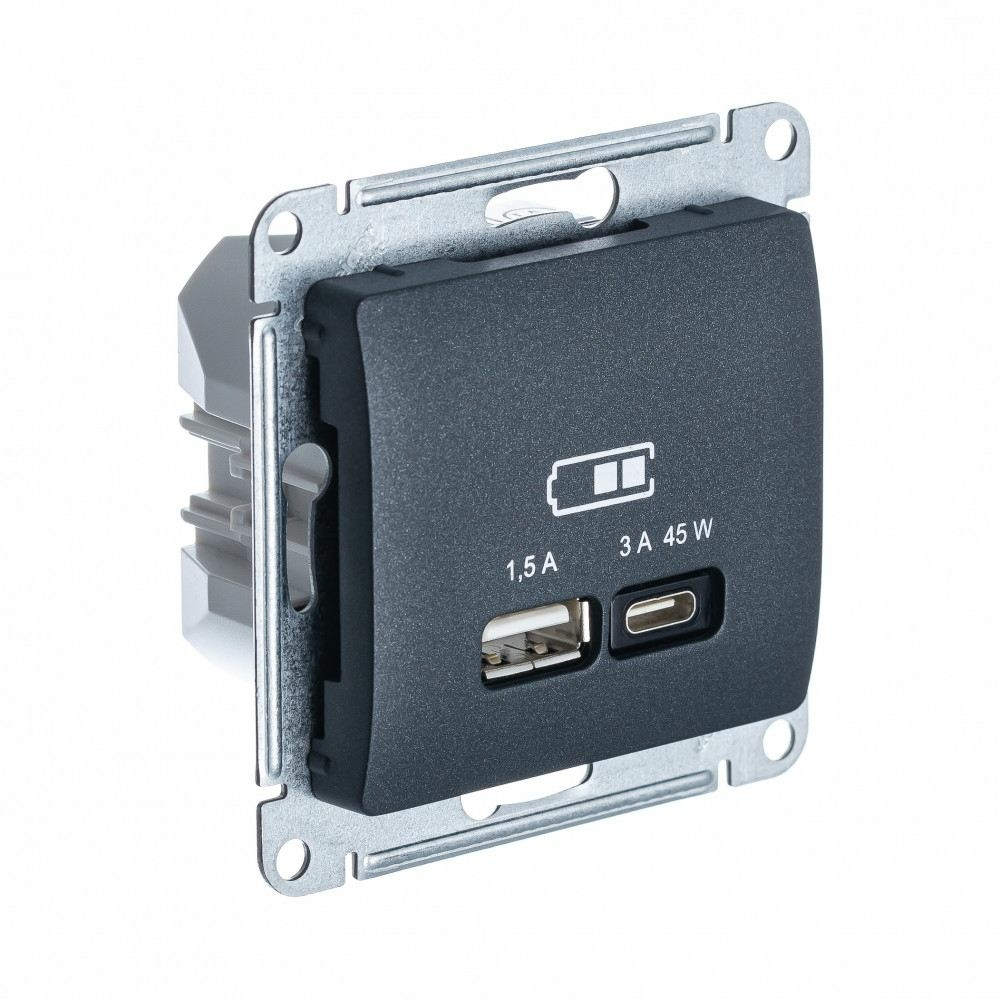 Изображение товара USB Розетка A + тип-C 45W Schneider Electric Glossa высокоскоростная зарядка QC, PD, механизм, АНТРАЦИТ