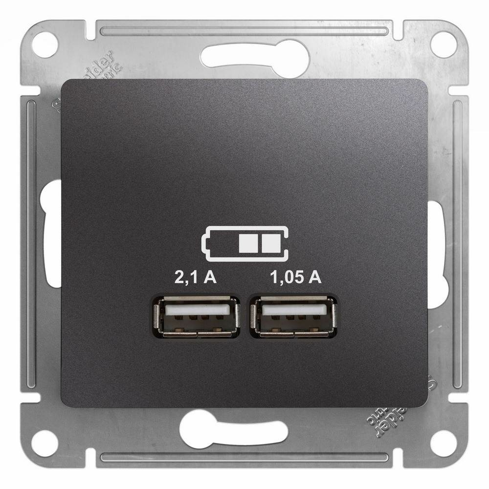 Изображение товара Розетка USB A+A 5В/2,1А 2х5В/1,05А механизм Schneider Electric Glossa, графит GSL001333