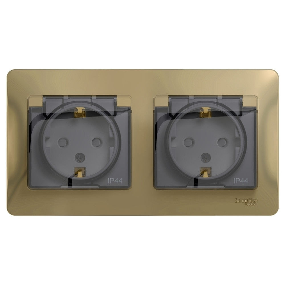 Изображение товара Розетка двойная с заземлением со шторками IP44 Schneider Electric Glossa, титан GSL000447