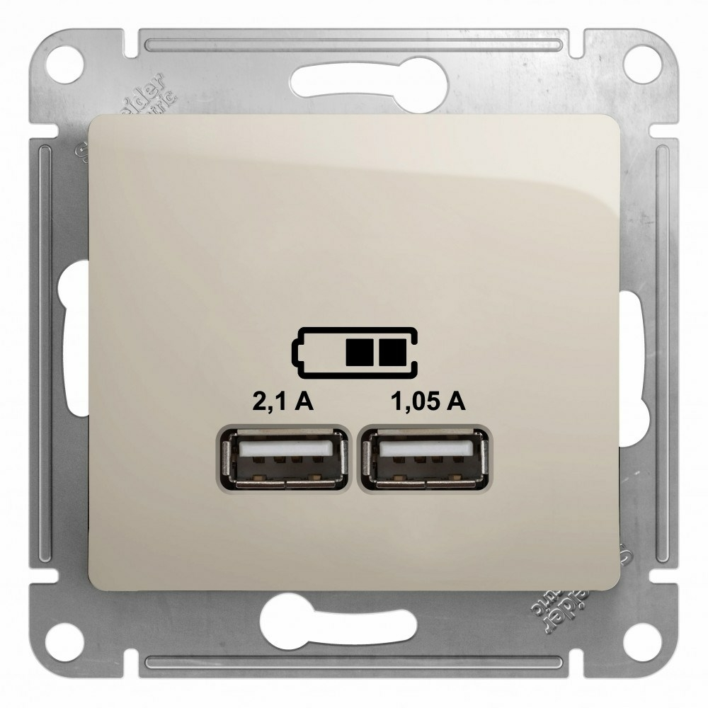 Изображение товара Розетка USB A+A 5В/2,1А 2х5В/1,05А механизм Schneider Electric Glossa, молочный GSL000933