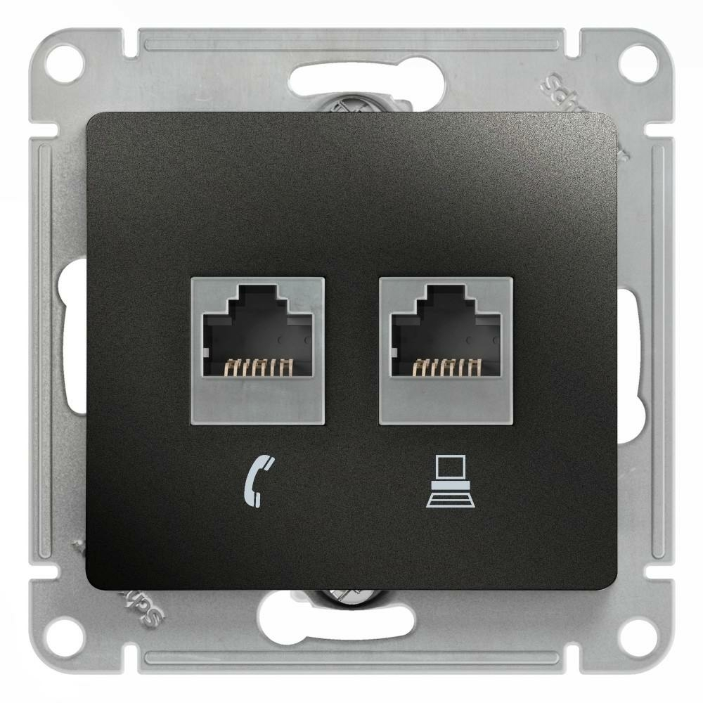 Изображение товара Розетка телефонная RJ11 + компьютерная RJ45, двойная, RJ45 кат.5E, антрацит Schneider Electric Glossa GSL000785
