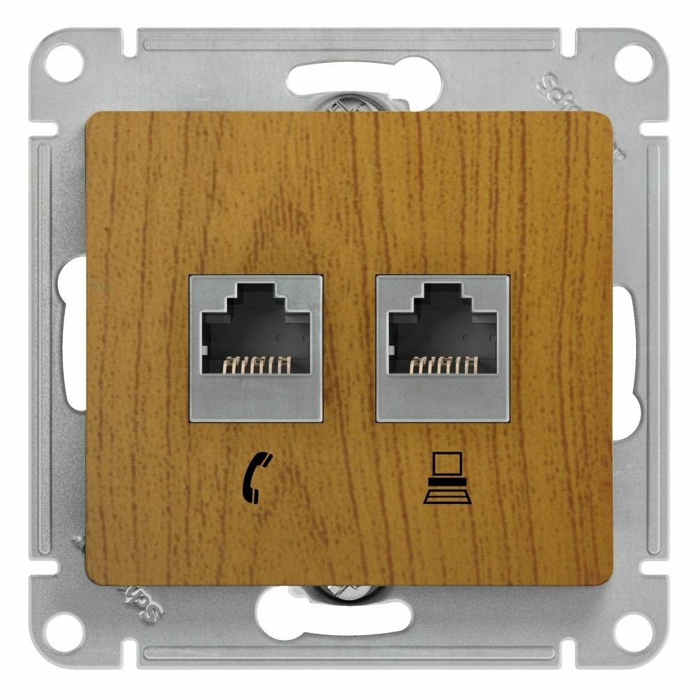 Изображение товара Розетка телефонная RJ11 + компьютерная RJ45, двойная, RJ45 кат.5E, дуб Schneider Electric Glossa GSL000585