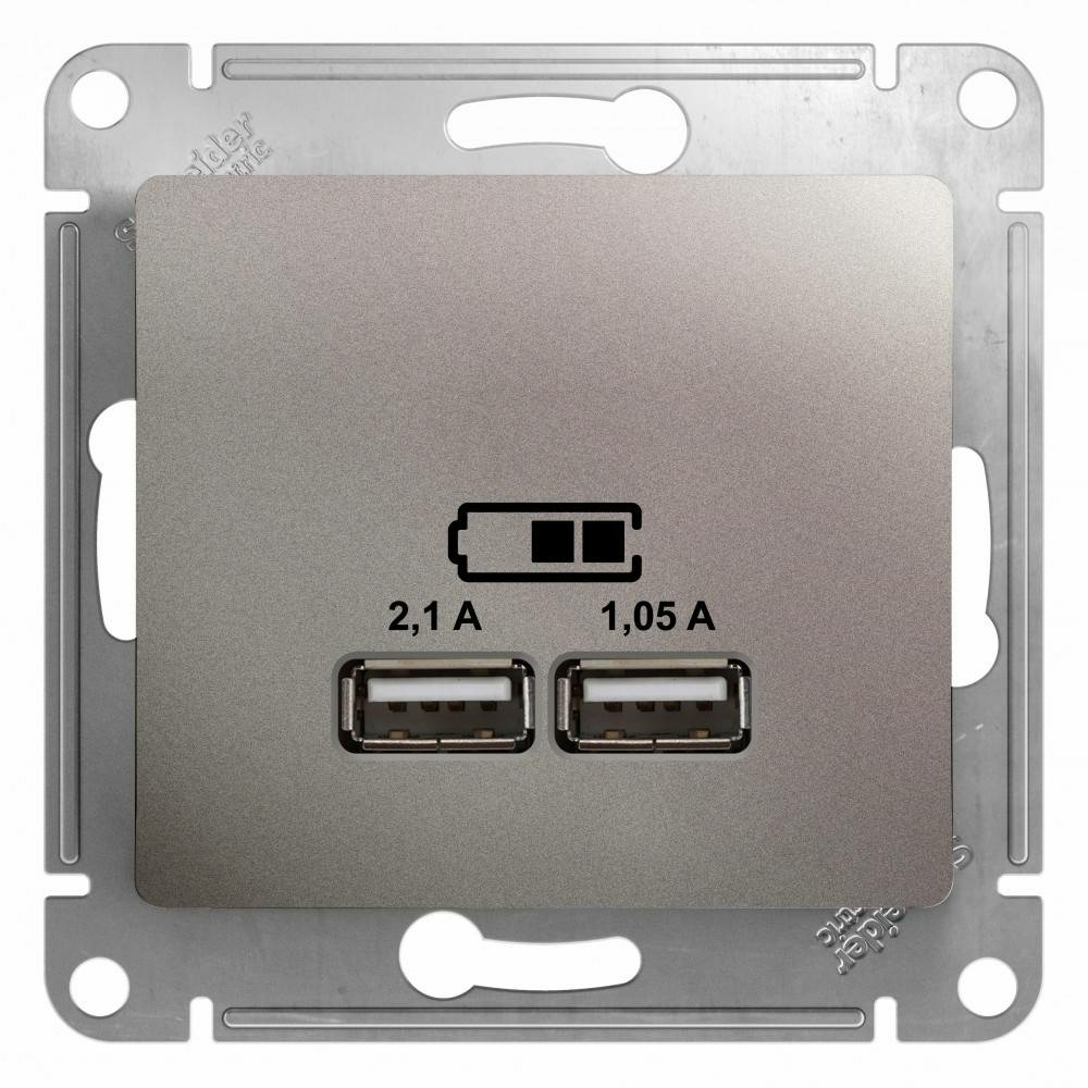 Изображение товара Розетка USB A+A 5В/2,1А 2х5В/1,05А механизм Schneider Electric Glossa, платина GSL001233