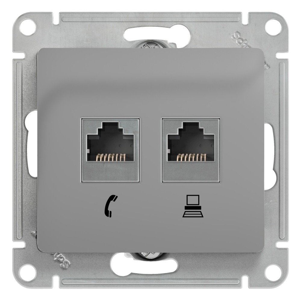 Изображение товара Розетка телефонная RJ11 + компьютерная RJ45, двойная, RJ45 кат.5E, алюминий Schneider Electric Glossa GSL000385