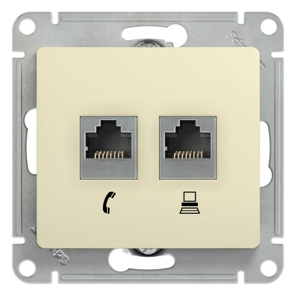 Изображение товара Розетка телефонная RJ11 + компьютерная RJ45, двойная, RJ45 кат.5E, бежевый Schneider Electric Glossa GSL000285