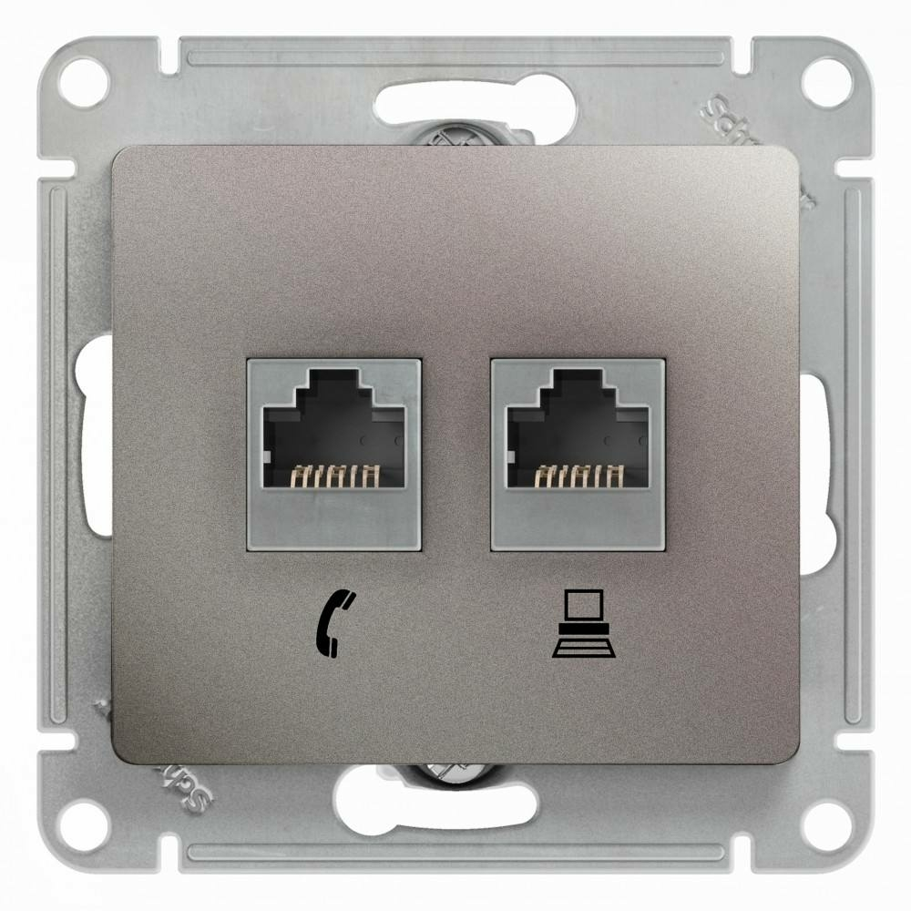 Изображение товара Розетка двойная RJ11+RJ45 категория 5Е Schneider Electric Glossa, платина GSL001285