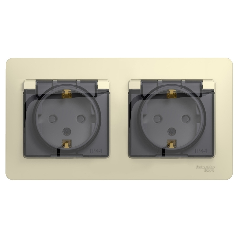 Изображение товара Розетка двойная с заземлением со шторками IP44 Schneider Electric Glossa, бежевый GSL000247