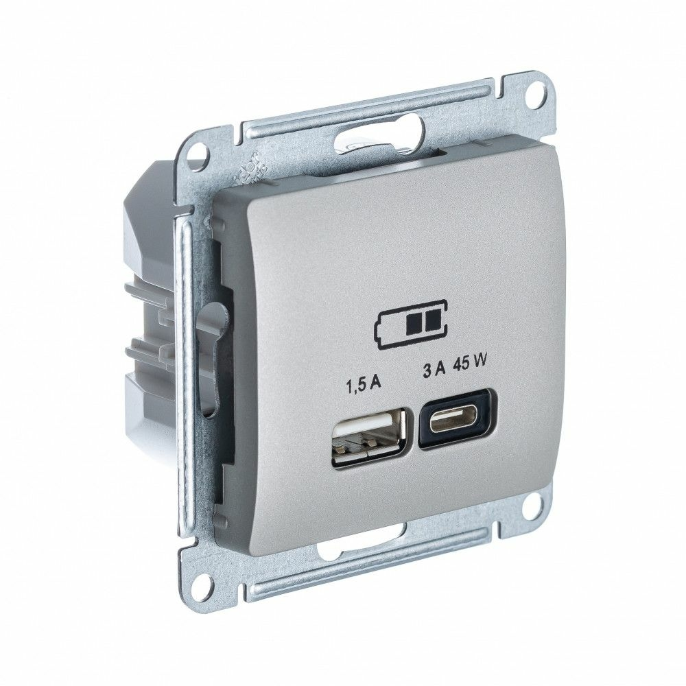 Изображение товара USB Розетка A + тип-C 45W Schneider Electric Glossa высокоскоростная зарядка QC, PD, механизм, ПЛАТИНА