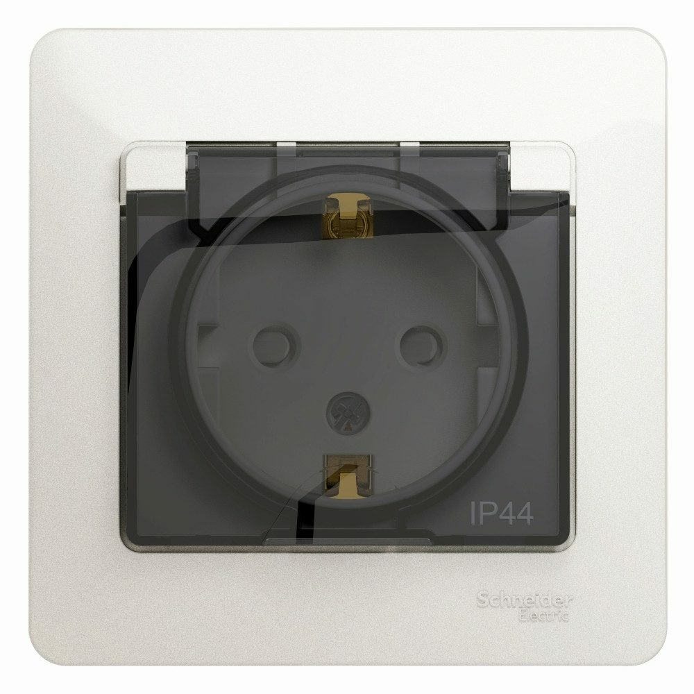 Изображение товара Розетка с заземлением со шторками с крышкой 16А IP44 Schneider Electric Glossa, перламутр GSL000648