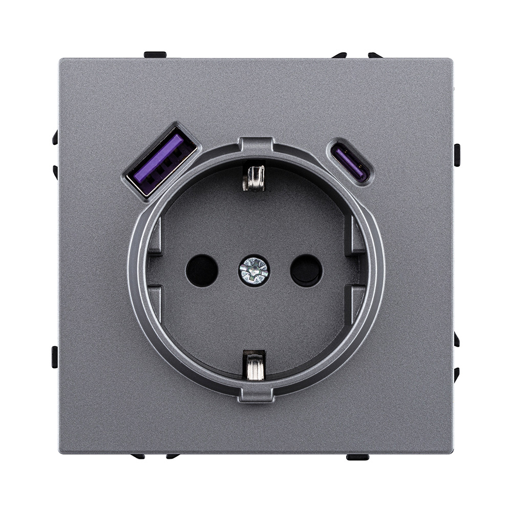Изображение товара Розетка электрическая SCHUKO 16A/220v В с USB A+C 20W, серый Kollinger Eclipse EC-016GY