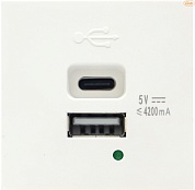 Розетка USB для зарядки двойная типа A+C 4200mA 2 модуля, белая